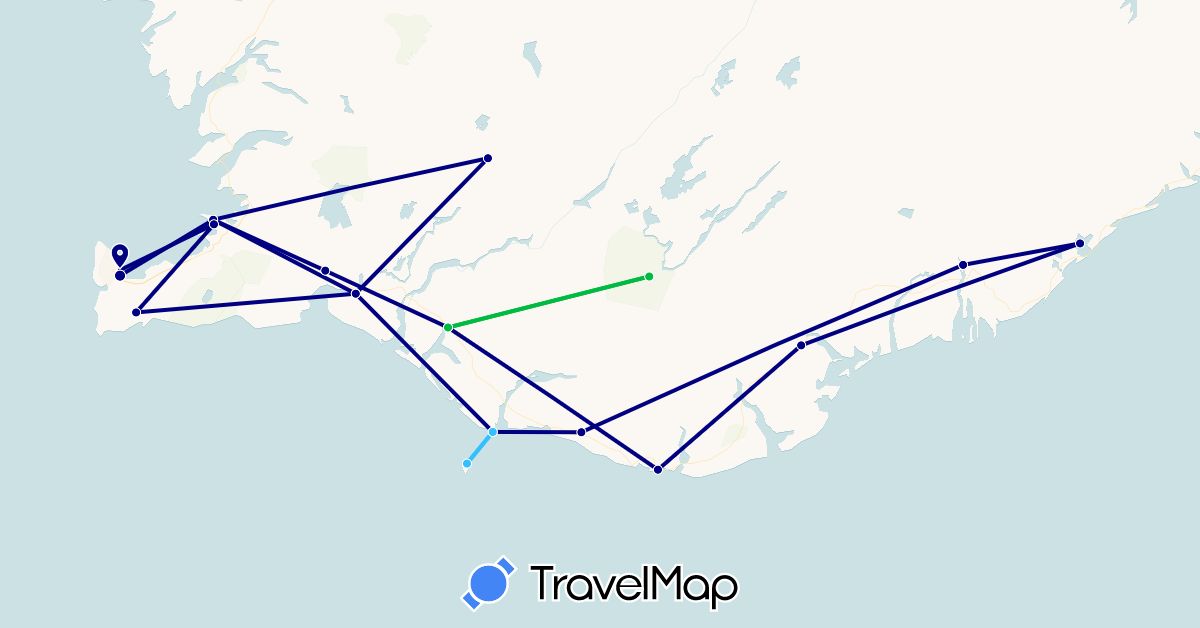 TravelMap itinerary: driving, bus, boat in Iceland (Europe)